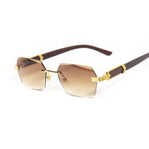 Woodgrain Brown Tint Retro Rimless Men's Elegant Gold Frame Hip Hop Sunglasses